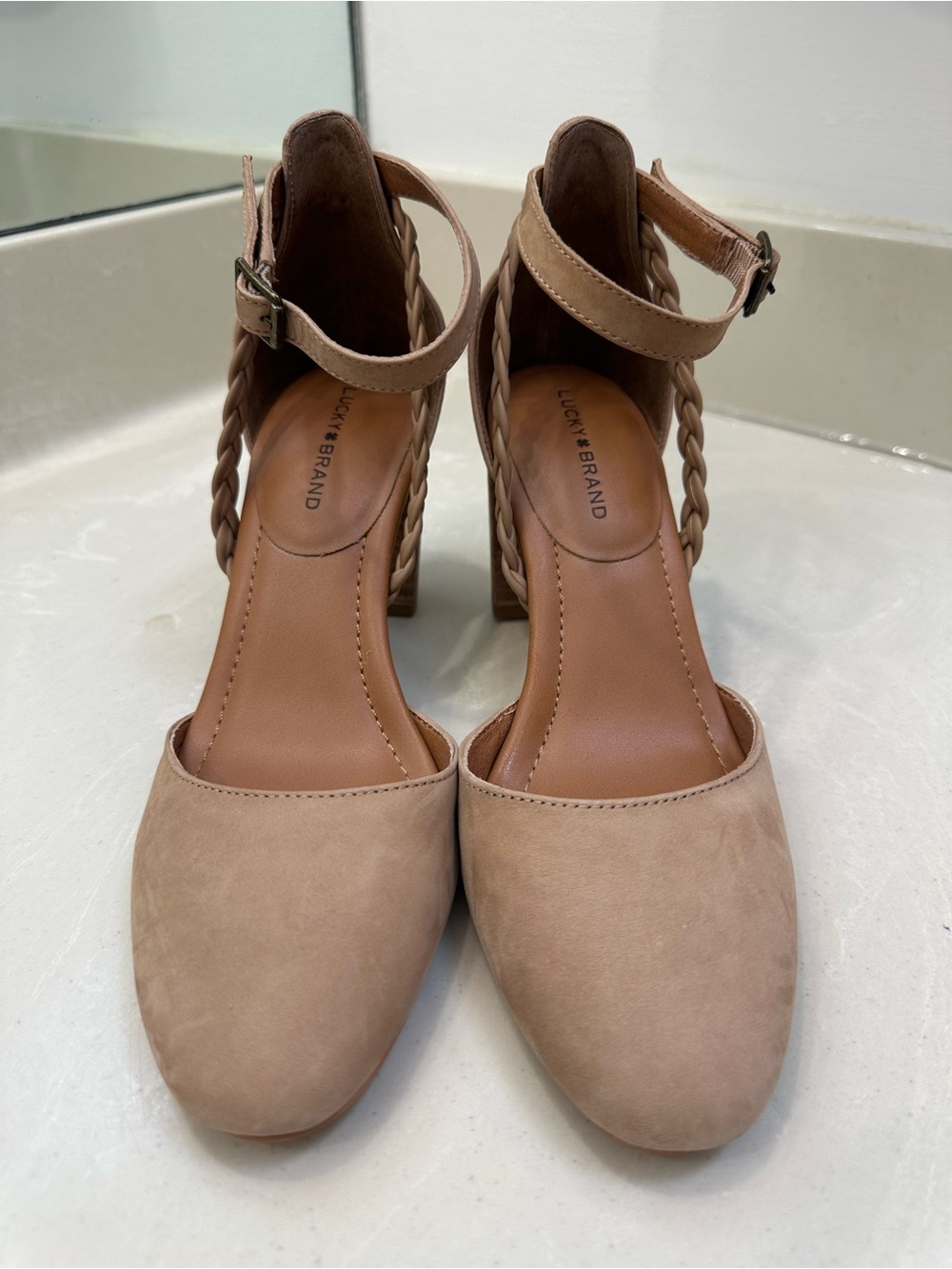 Lucky Brand Blush-Tan Braided Ankle-Strap Block Heels